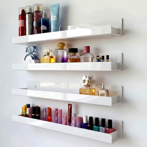 Image of 4 Pack 15 Inch White Acrylic Floating Wall Shelves, Kids Bookshelf