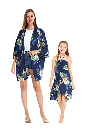 Matchable Hawaiian Luau Mother Daughter Women Kimono Dress or Girl Halter Dress in Pineapple Garden Navy