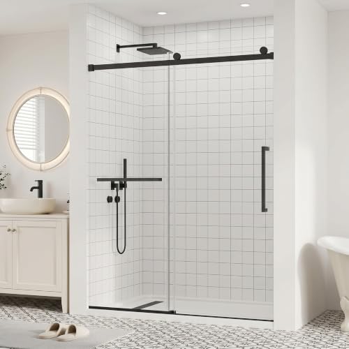 Shower Door, 56-60" W x 76" H Frameless Shower Door, Single Sliding Shower Doors with 5/16" (8mm) Clear SGCC Tempered Glass, Stainless Steel Hardware, Matte Black