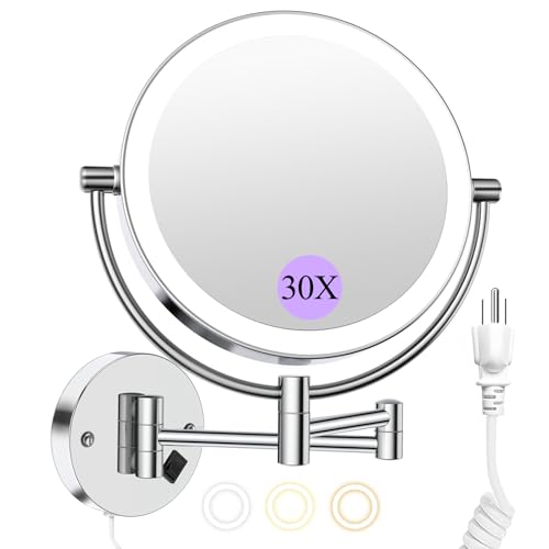 Wall Mounted Makeup Mirror with Lights, 30X/1X Double-Sided Magnifying, Plug-in Lighted Vanity Mirror with 3 Color Modes, Dimmable Brightness, 360° Swivel Extendable Arm for Bathroom & Grooming