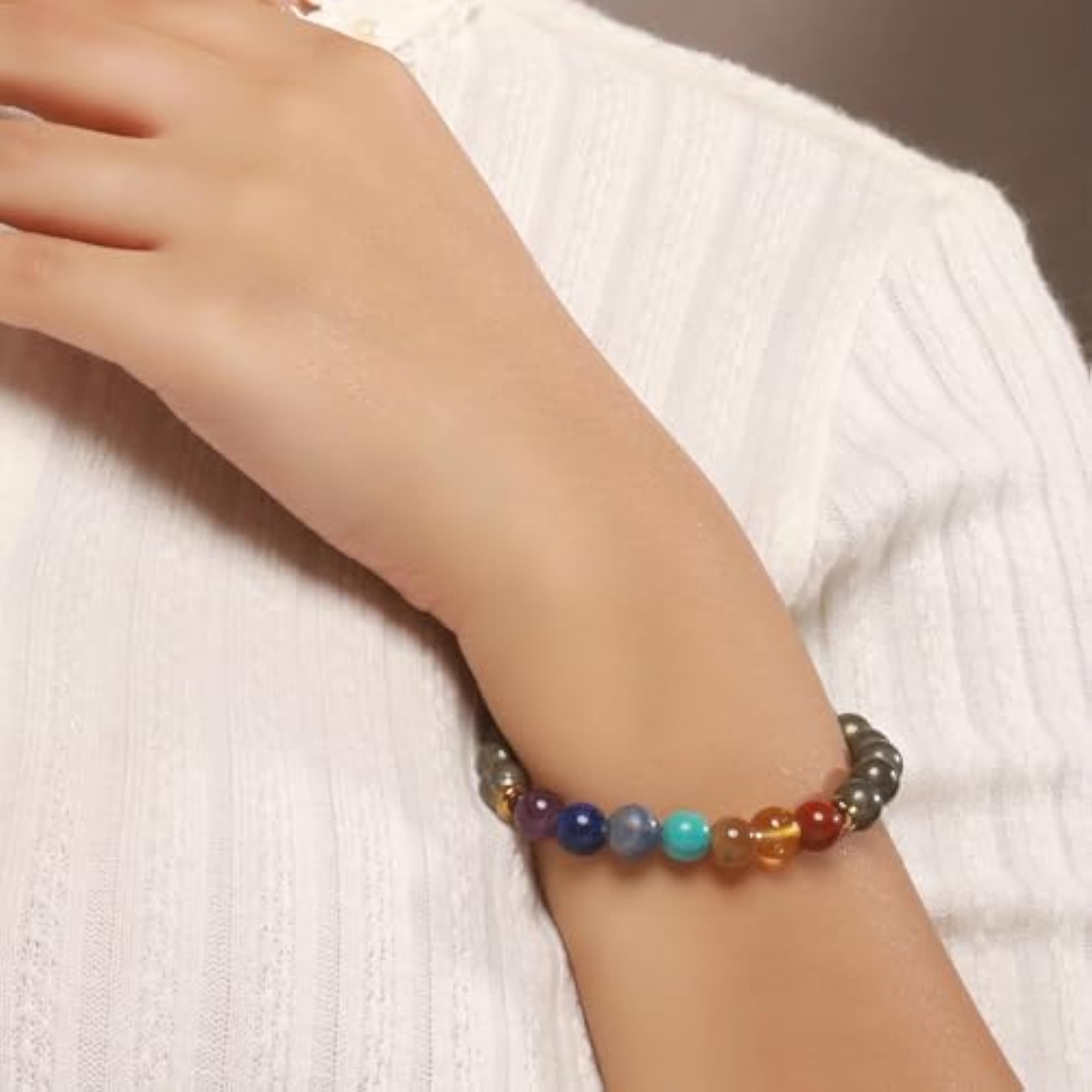 Seven Chakra Pyrite Healing Crystal Bracelet for Energy Balance