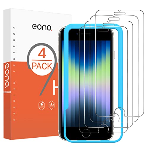 Amazon Brand-Eono 4 Pcs Verre Trempé pour iPhone SE 2022, Anti-Rayure Anti-Bulle Outil d’installation, Protection Ecran pour iPhone SE 3ème Génération Cover