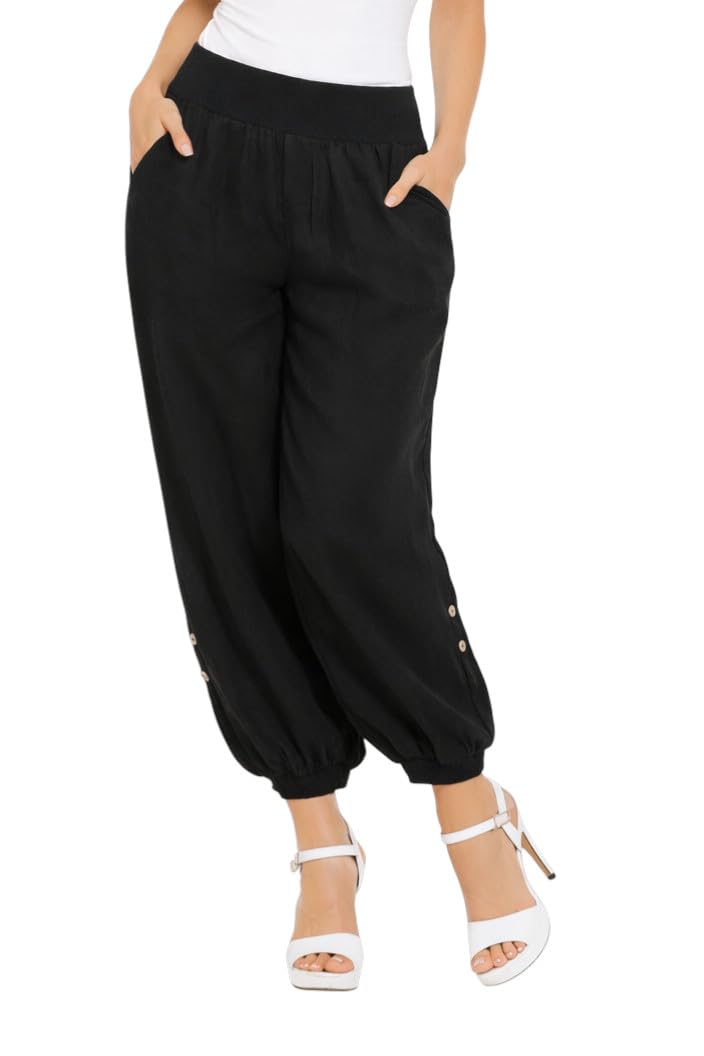 Mississhop Pantalon de loisirs décontracté pour femme en toile 100 % lin avec boutons uni - Noir - W44