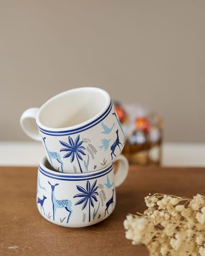 Image of Ceramic Kulhad Set of 6 | Hand-Painted Blue Deer Design Tea Cups | Traditional Clay Style Kulhad for Chai, Coffee | Safe & Durable Stoneware, Ceramic Indian chai Cups | Multicolor