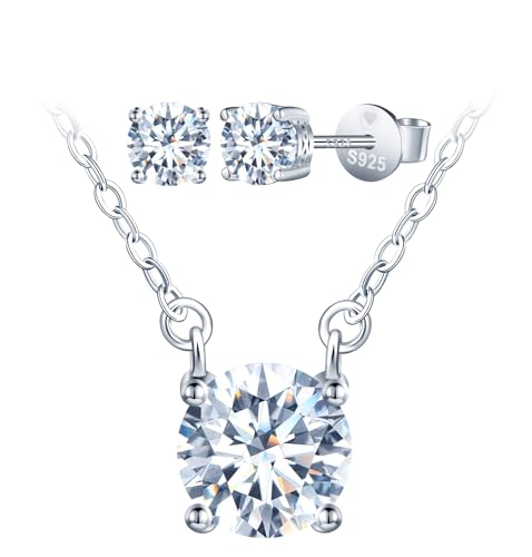 INFINIONLY Collar colgante y pendientes de diamantes para mujer: juegos de joyas de plata 925 con moissanitas - solitario redondo de color D claridad VVS1 certificado GRA - joyas de boda y fiesta