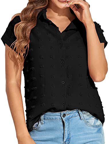 ABirdon Blouse Femme à Pois Décontracté Travail Chemise Femme Boutonné Été à Manches Courtes Couleur Unie Baggy Élégant Dames Hauts Cover