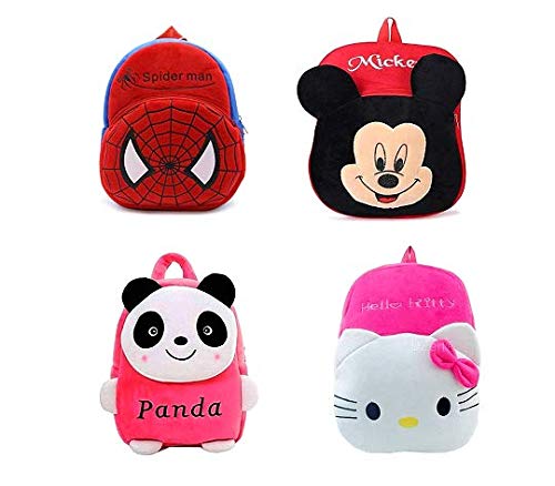 Combo 4 Bag Panda,Cute Kitty,Mickey,Red-Spider of Kids Bags for School 10Ltr Baby/Boys/Girls Velvet Backpack for Girlfriend/Birthday Gift/Boy/Girl