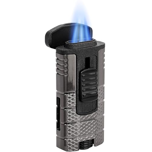XIKAR Tactical Triple-Jet Lighter, Gunmetal and Black | Powerful Jet Flame for Cigars with Pocket Clip, EZ-View Fuel Window, Adjustable Flame Height & Pull Down Ignition Trigger, Ideal for Outdoor Use