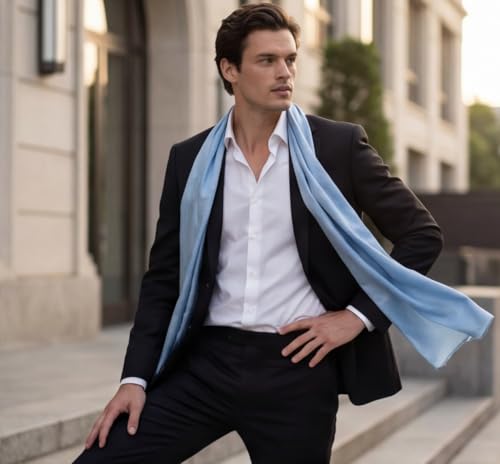 Bufanda de seda hombre 180x80 cm pañuelo chal de gasa para traje azul 2