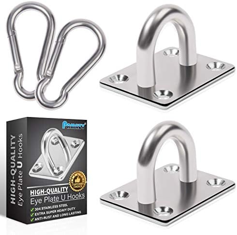 2PCS M8 Premium Heavy Duty Square Stainless Steel Pad Eye Hooks + 2PCS Snap Hooks and 8PCS Screws with 8PCS Plastic Expansion Tube, Ceiling Hooks Heavy Duty for Outdoor Indoor Activity