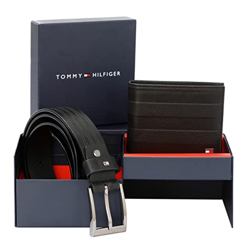 Image of Tommy Hilfiger Tavira Men Leather Gift Set Include Large Size Belt and Wallet Black /Brown