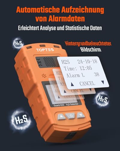 TOPTES Guard-633 H2S Detektor, H2S Monitore mit präzisem Gassensor, 0,5s schneller Reaktion, 7-Tage-Akkulaufzeit, Einstellbarer Alarmbereich, 3 Alarmmodi, explosionsgeschützte Sicherheit, 0-100PPM