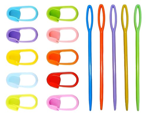 Image of ARTISTERY Plastic Locking Knitting Crochet Stitch Markers (20 Pcs, Multicolor) + Colorful Large Eye Plastic Sewing Yarn Needles (10 Pcs, Multicolor) for Crochet & Weaving