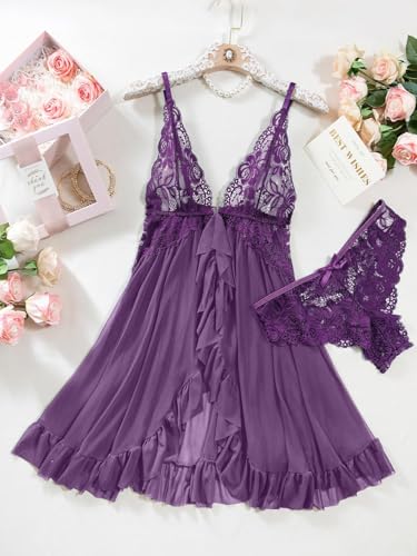 Image of Foxiny Sexy Open Front V Neck Ruffle Sheer Mesh Lace Wireless Babydoll Lingerie Dress with Thong 2 Piece