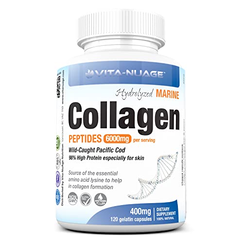 Vita-NuAge Premium Marine Wild Fish Collagen 6000mg 90% High Protein Content 120 Count, 100% Pure Hydrolyzed Collagen