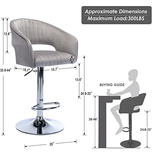 Zsarts Velvet Swivel Barstools Set Of 2, Upholstered Adjustable 24 Inch Counter Bar Stools With Back And Footrest, Comfy Dining Chairs For Pub Kitchen Island, Grey #TOP1