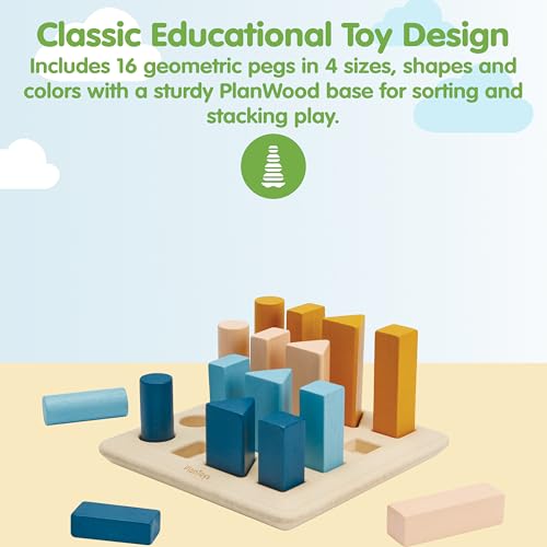 Image of PlanToys Wooden Geometric Peg Board Montessori Shape Sorting Stacking Toy | wooden geometric peg board, montessori shape sorting stacking, size sequencing logical thinking, color pattern geometry, kids