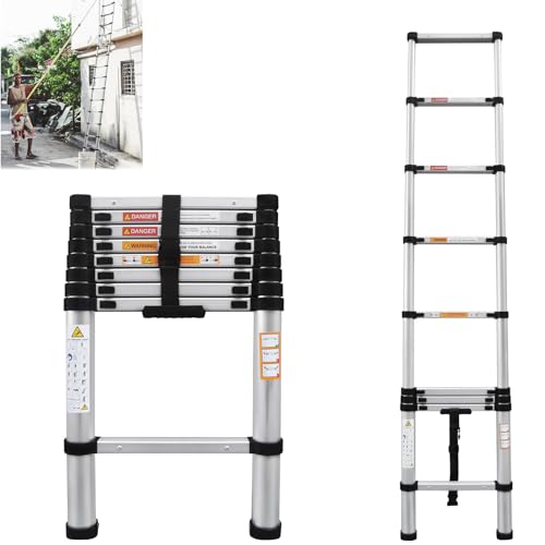 2.6M/8.5FT Telescopic Ladder Multi-Purpose Stainless Steel Extension Ladder Telescoping Ladder Extendable Anti-Slip Loft Ladder Collapsible Ladder Portable Folding Ladder, Max Load 150kg/330lb