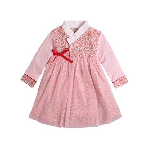 PAUBOLI Baby Girl Korean Clothes Long Sleeve Romper Dress Korean Hanbok Playwear (3-9 Months, Pink) Cover