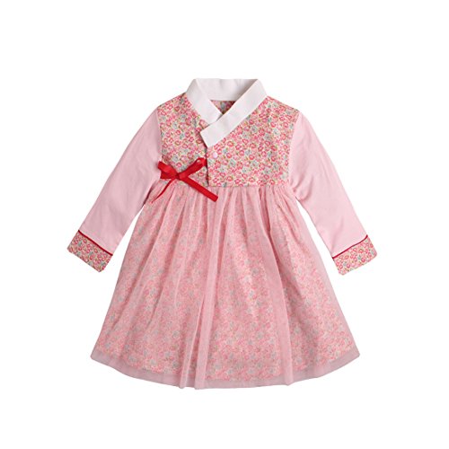 PAUBOLI Baby Girl Korean Clothes Long Sleeve Romper Dress Korean Hanbok (9-15 Months, Pink)