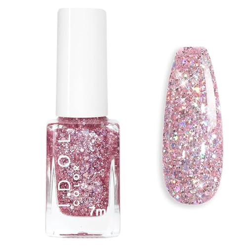 Pink Glitter Nail Polish - High Glossy Sparkly Shimmer Nail Varnish - Quick Dry Holographic Sparkle Pink Nail Paint - Long-lasting Sequins Nail Art Varnish No UV Need