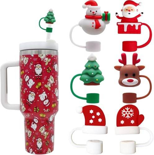 ALINK 6 Stück Weihnachten Strohhut Zubehör für Stanley Cup, 10mm Staubdichte Silikonmaterial Strohhalme Abdeckung, Silik...