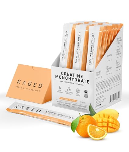 Image of Kaged Creatine Monohydrate + Max Absorption Technology | Micronized Powder Stick Packs | Orange Mango | Muscle Building & Recovery | Brain Health | Supplements for Men & Women | 25 Servings