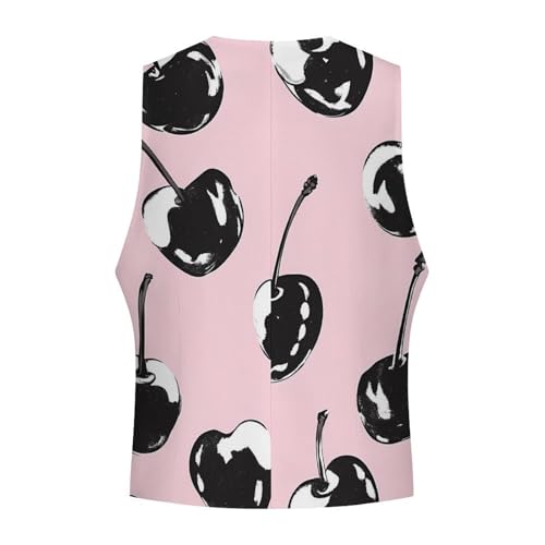Black Cherries Cow Print Casual Suit Vest for Men Formal Business Dress Regular Fit Waistcoat Tuxedo4