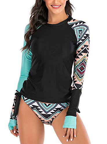 Yateen Womens UV Sun Protection Long Sleeve Rash Guard Print Tankini Swimsuit Black/Blue