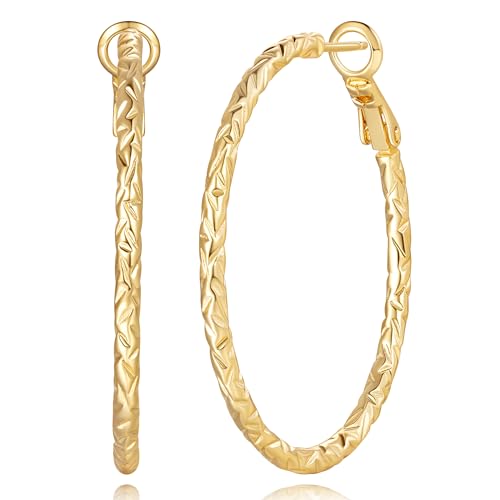Gold Hoop Earrings for Women 14K Gold Earrings for Women Hoop Earring for Womens Hoops Unique Carved Texture Hoops Earring for Womens 40mm