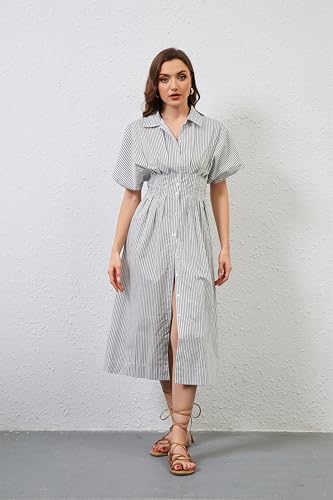 Image of Women Striped Button Down Shirt Maxi Dresses Summer Pleated Short Sleeve Collar Casual Corset Long Dress