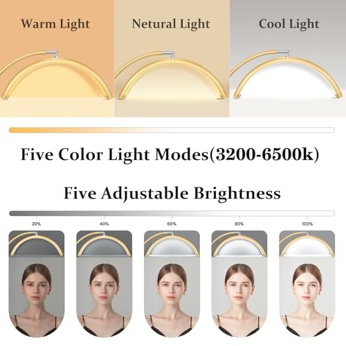 Image of Mznoo Lash Light, Half Moon Lamp with Tool Tray, 2500LM LED Moon Light for Eyelash Extensions, Flexible and Adjustable Color Modes, Suitable for Beauty Salons and Beginner DIY (Gold)