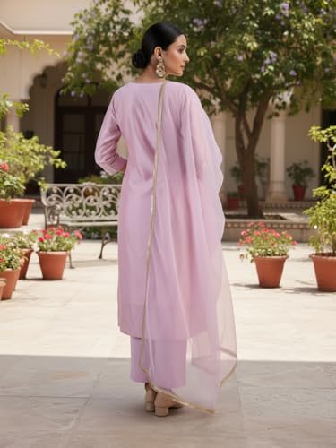 Image of Avanshee Women's Chanderi Cotton Silk with Zari Embroidery Kurta & Silk Crepe Pant Set And Net Dupatta Ethnic Wear Salwar Suit Set (ES 7539)