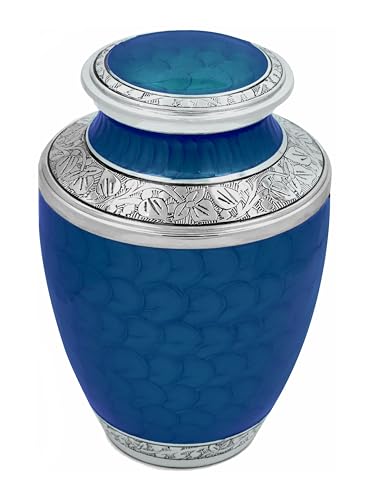 Image of ALPHA Living HOME Cremation Urns for Human Ashes Adult - Decorative Memorial Funeral Urn with Secure Screw Lid, Handcrafted Metal Burial Urn for Men & Women (Blue & Silver)