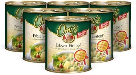 Buss Omi’s klassischer Erbseneintopf - Traditionelle Erbsensuppe, 6 x 800g | Mit Kartoffeln, Karotten und geräuchertem Schweinebauch - Schnelle Fertiggerichte zum Aufwärmen in Mikr