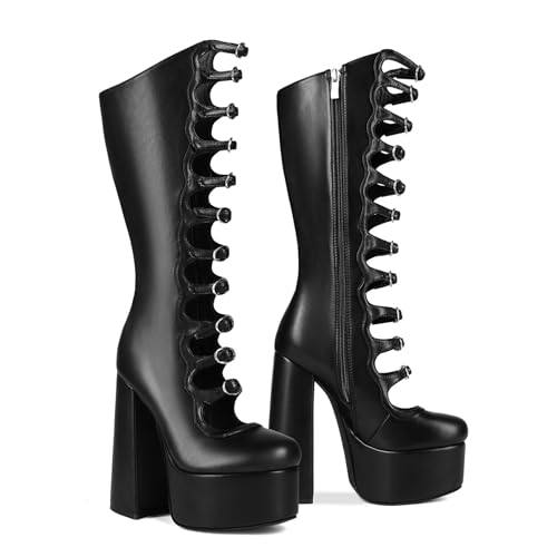 KOKOMOMO Gothic Lolita Boots Knee High Chunky Heels Platform Y2K Punk Cutout Combat Boots Side Zipper Stripper Heels Cool Front Buckles Block Tall Boot Mid Calf Cosplay Shoes2