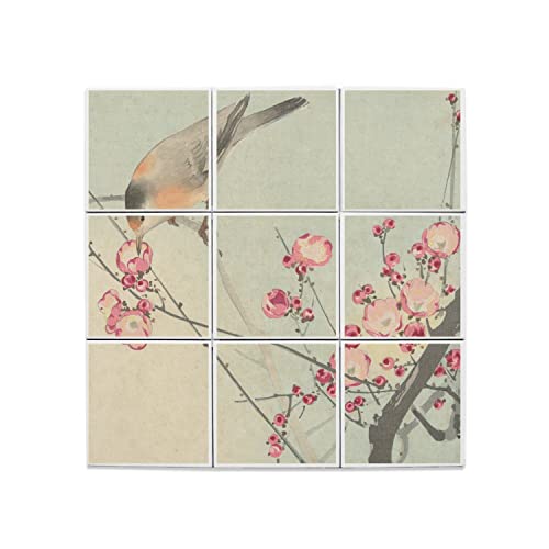 Carreaux Céramique Sakura et Oiseau | Lot de 9 Décorations Murales 60x60 cm
