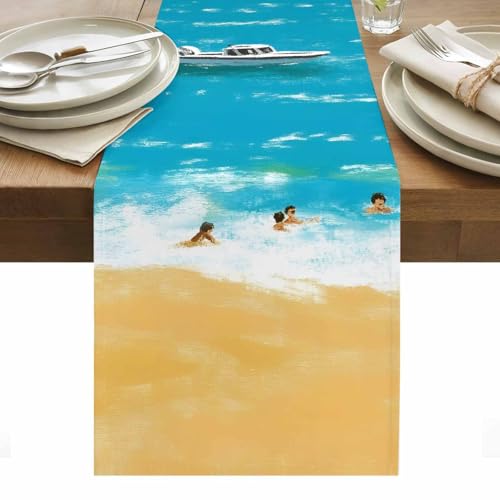 Ocean Beach Table Runner 48 Inches Long Watercolor Summer Cruise Ship Swimmers Seasonal Kitchen Dining Table Decoration for Home Party Wedding Decor 13x48In