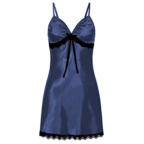 YUHOOE Vestido de Noche de Encaje Sexy para Mujer Falda de Dormir con Cuello en v Falda Camisón de Seda Camisón sin Mangas Ropa de Dormir para Damas Ropa de casa de Verano Azul S-XXXL, L Cover