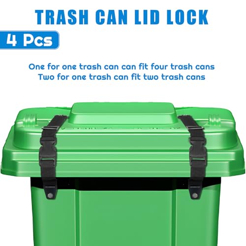 Image of 4 Pcs Trash Can Lid Lock, Universal Garbage Can Lock Strap, Adjustable Outdoor Trash Can Lock for Animals, Squirrels, Dogs, Raccoons, Locking Trash Can During Strong Winds-Black