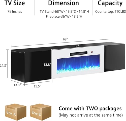 Image of AMERLIFE Floating TV Stand with 36 inch Electric Fireplace, High Gloss Finish Wall Mounted Fireplace Entertainment Center with Storage for TVs Up to 78 inch, Black /White