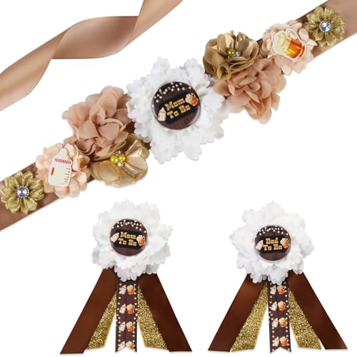 Image of Beer Mug Gender Reveal Maternity Sash Kit, Black Golden Baby Shower Belly Belt and Mom to Be Dad to Be Corsage Pins, New Parents Pregnancy Announcement Photo Props Party Supplies