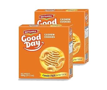 Britannia Good Day Cashew Cookies Family Pack 21.2oz 600g - Breakfast & Tea Time Snacks - Delicious Grocery Cookies Pack of 2