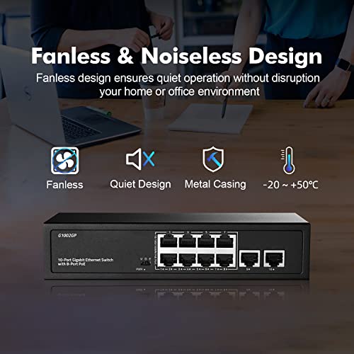 Image of 10 Port Gigabit PoE Switch, YuLinca 8 Port Gigabit PoE+ and 2 Gigabit Uplink, 10 /100 /1000Mbps, IEEE802.3af /at Max 120W, Metal Fanless Unmanaged Plug&Play Ethernet Switch