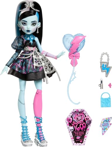 Image of Monster High Scary Sweet Birthday Doll, Frankie Stein in Black Party Dress with Themed Accessories Like Invite, Balloon, Toy, Lipstick and More