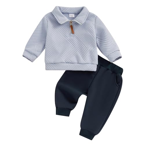 Toddler Baby Boys Clothes Set Long Sleeve Half Zip Up Sweatshirt Pullover Jogger Pant 2 Piece Fall Winter Outfits Little Boy Tracksuit Sweatsuit (Sky Blue, 6-12 Months)