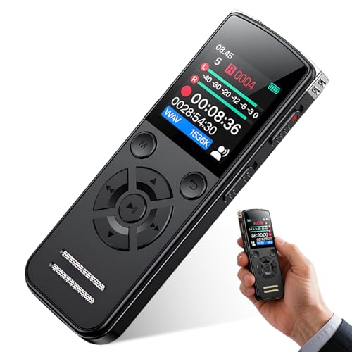Enregistreur Vocal 64 Go, Enregistreur Audio Numérique avec Écran Couleur, Enregistreur à Enregistrement One-Touch, Réduction du Bruit, Rechargeable par USB, Voix pour Réunions, Interviews & Cours