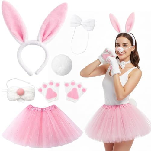 Pink Bunny Costume 6-Piece Set Bunny Ears Headband with Bow Tie and Tail Bunny Costume for Halloween and Easter Celebrations Bunny Accessories for Costume Parties and Themed Events(8-12 Age)
