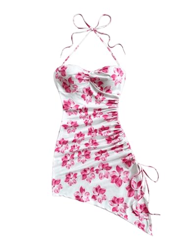 Image of Floerns Women's Floral Print Halter Dress Sleeveless Drawstring Asymmetrical Hem Bodycon Dress