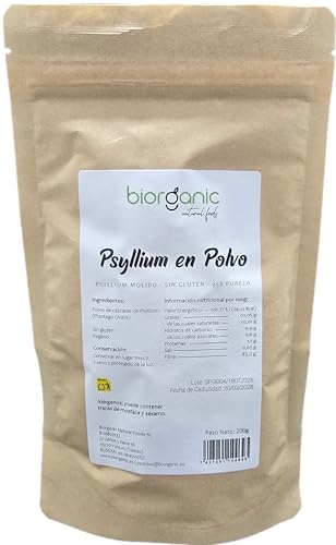 Biorganic Psyllium en Polvo 200g. Psyllium Indio de 95-99% Pureza, rico en fibra y vegano. Saciante. Mejora el tracto intestinal. Ideal panes y masas sin gluten. Marca española.